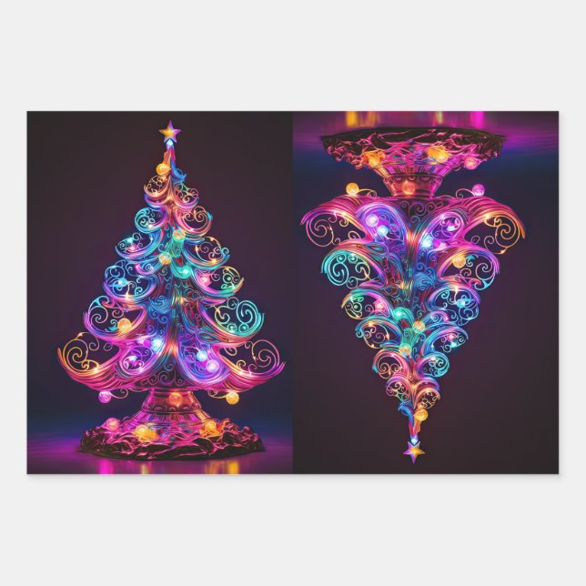 Beautiful Sparkling Neon Christmas Tree Holiday Wrapping Paper Sheets (Front)