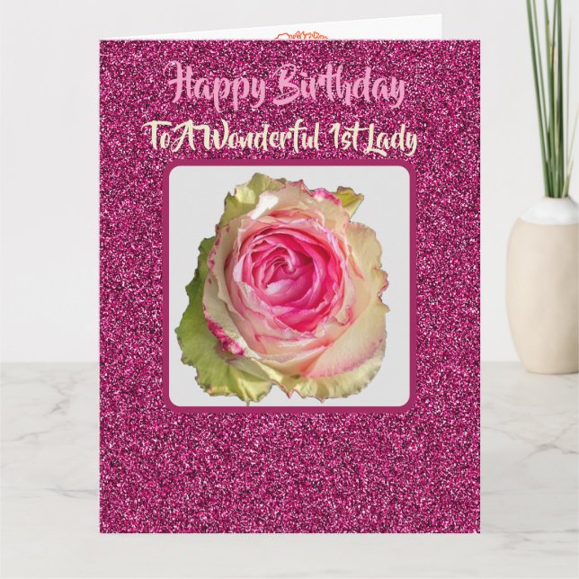 Beautiful Sparkling Pink Rose 1st Lady Birthday Card (Front)