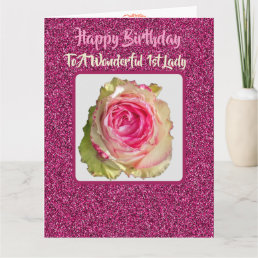 Beautiful Sparkling Pink Rose 1st Lady Birthday Card