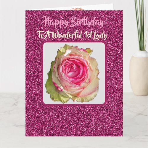 Beautiful Sparkling Pink Rose 1st Lady Birthday Card