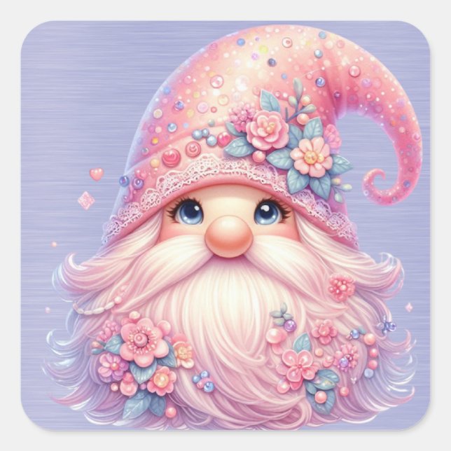 Beautiful Sparkly Pink Gnome Square Sticker (Front)
