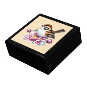 Beautiful Sparrow On Floral Pink Branch Gift Box