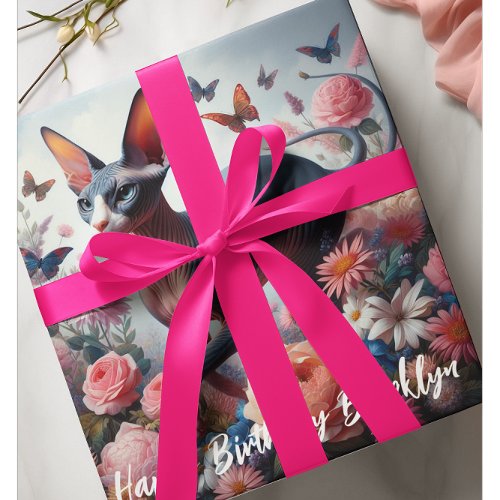 Beautiful Sphynx Cat  Flowers Birthday Wrapping Paper