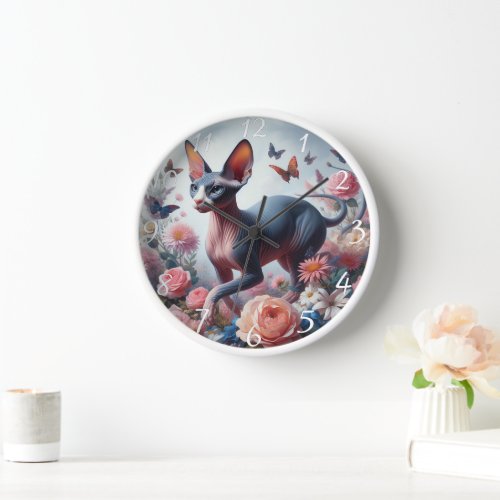 Beautiful Sphynx Cat  Flowers Clock