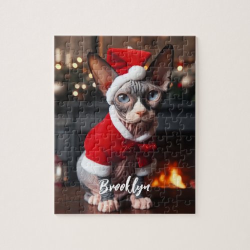 Beautiful Sphynx Cat in a Santa Hat Jigsaw Puzzle