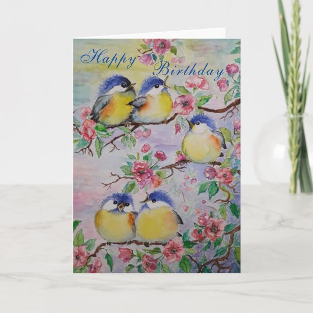 Beautiful Spring Birds Birthday Card Cute Sparrows (Front)