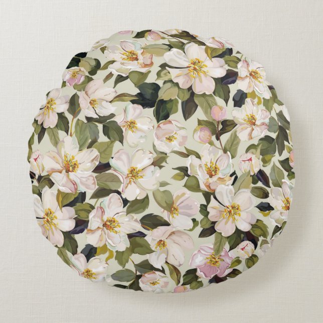Beautiful spring floral with blossom tree branches round pillow (Front)