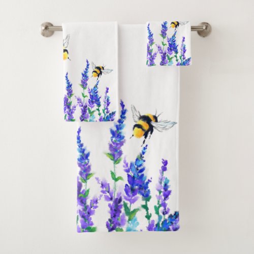 Beautiful Spring Flowers and Bees Flying _ Drawing Bath Towel Set