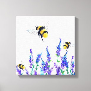 Beautiful Spring Flowers and Bees Flying - Drawing Canvas Print