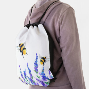 Beautiful Spring Flowers and Bees Flying - Drawing Drawstring Bag