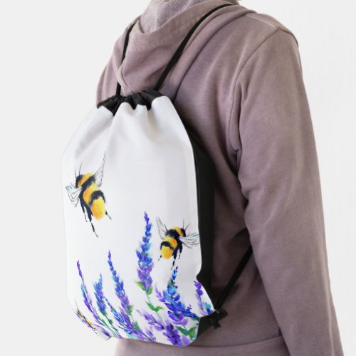 Beautiful Spring Flowers and Bees Flying _ Drawing Drawstring Bag