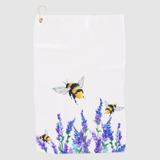 Beautiful Spring Flowers and Bees Flying - Drawing Golf Towel (Front)