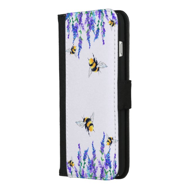 Beautiful Spring Flowers and Bees Flying - Drawing iPhone Wallet Case (Left)