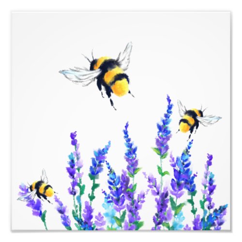 Beautiful Spring Flowers and Bees Flying _ Drawing Photo Print