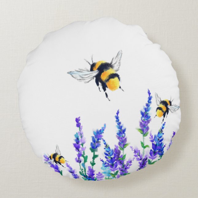 Beautiful Spring Flowers and Bees Flying - Drawing Round Pillow (Back)