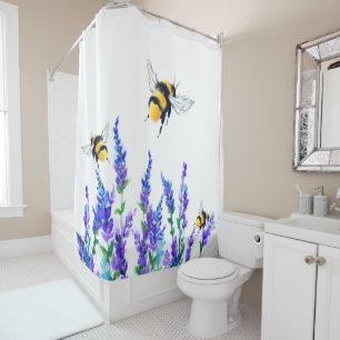 Beautiful Spring Flowers and Bees Flying Drawing Shower Curtain