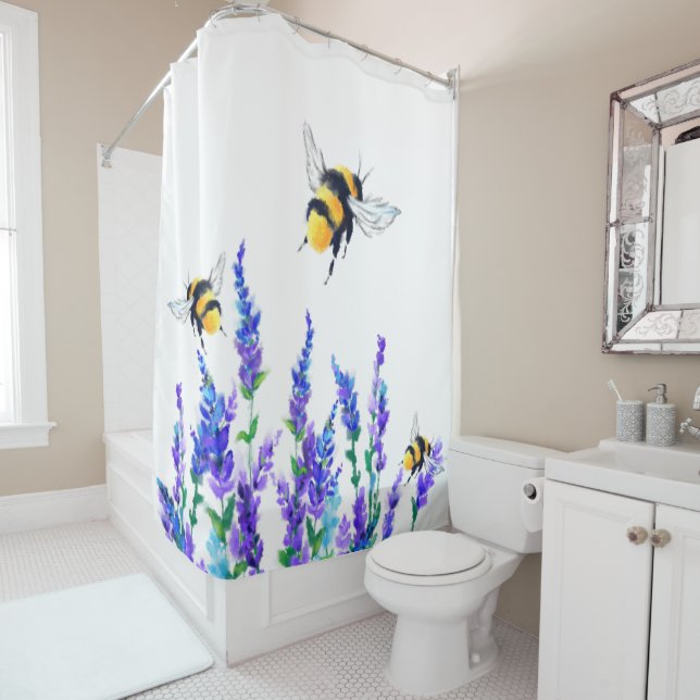 Beautiful Spring Flowers and Bees Flying  Drawing Shower Curtain (In Situ)