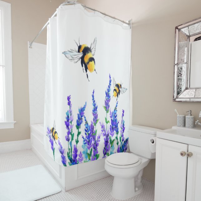 Beautiful Spring Flowers and Bees Flying - Drawing Shower Curtain (In Situ)