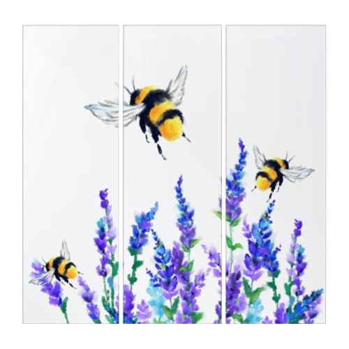 Beautiful Spring Flowers and Bees Flying _ Drawing Triptych