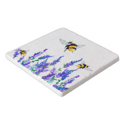 Beautiful Spring Flowers and Bees Flying - Drawing Trivet