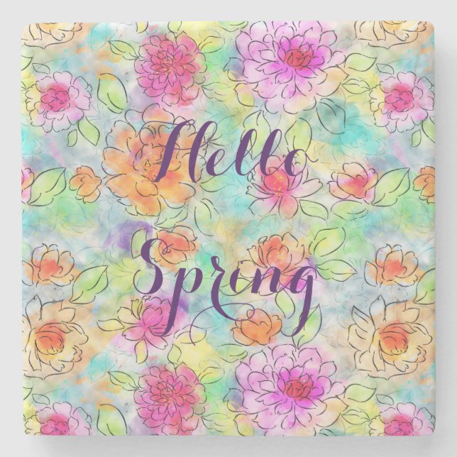 Beautiful  spring flowers watercolor paint stone coaster (Front)