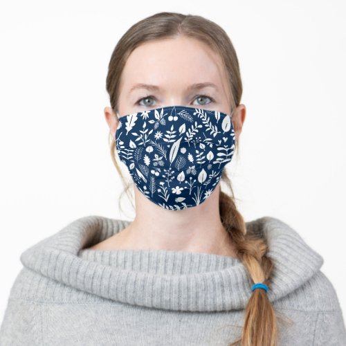 Beautiful spring Navy blue botanic florals theme Adult Cloth Face Mask