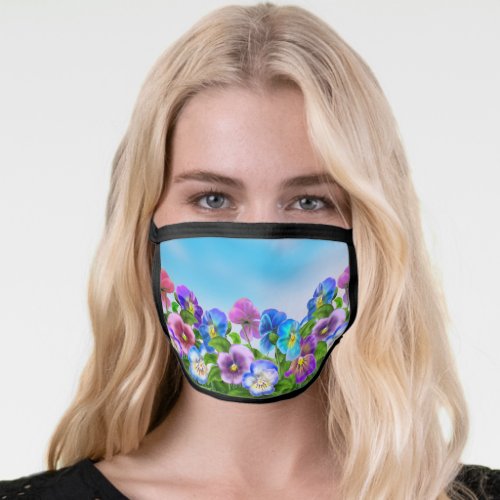 Beautiful Spring Violet Pansy Flowers Garden  Sky Face Mask