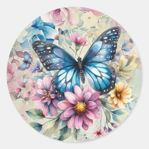 Beautiful Spring Watercolor Floral Butterfly Classic Round Sticker