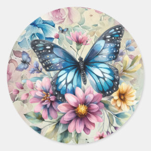 Beautiful Spring Watercolor Floral Butterfly Classic Round Sticker