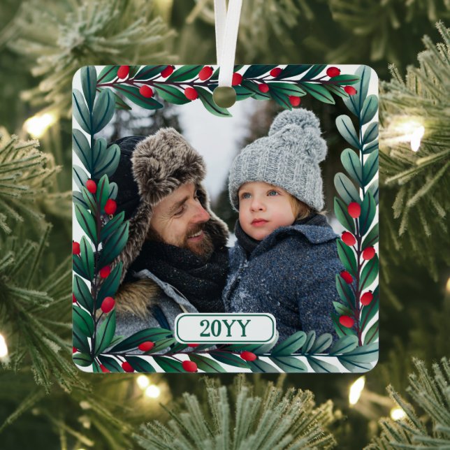Beautiful Square Christmas Wreath Add Photo & Year Metal Ornament (Insitu)