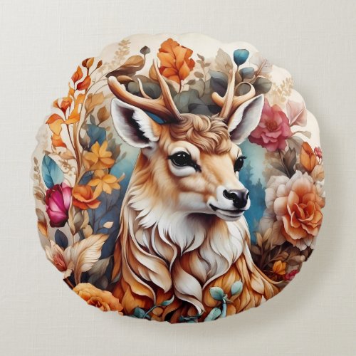 Beautiful Stag in amongst flowers Round Pillow
