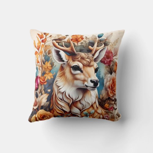Beautiful Stag in amongst flowers Throw Pillow