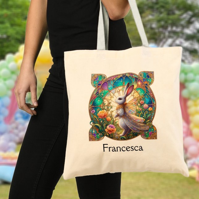 Beautiful Stained Glass Bunny Personalized Easter Tote Bag (Creator Uploaded)