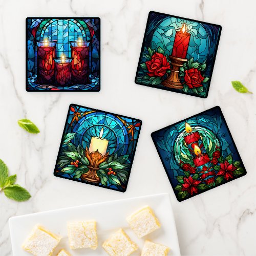 Beautiful Stained Glass Christmas Candles Coaster Set