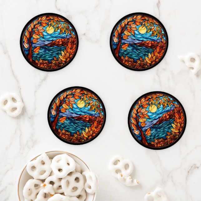 Beautiful Stained Glass Fall Scene  Coaster Set (In Situ)