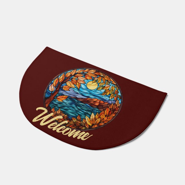 Beautiful Stained Glass Fall Scene Personalized Doormat (Angled)