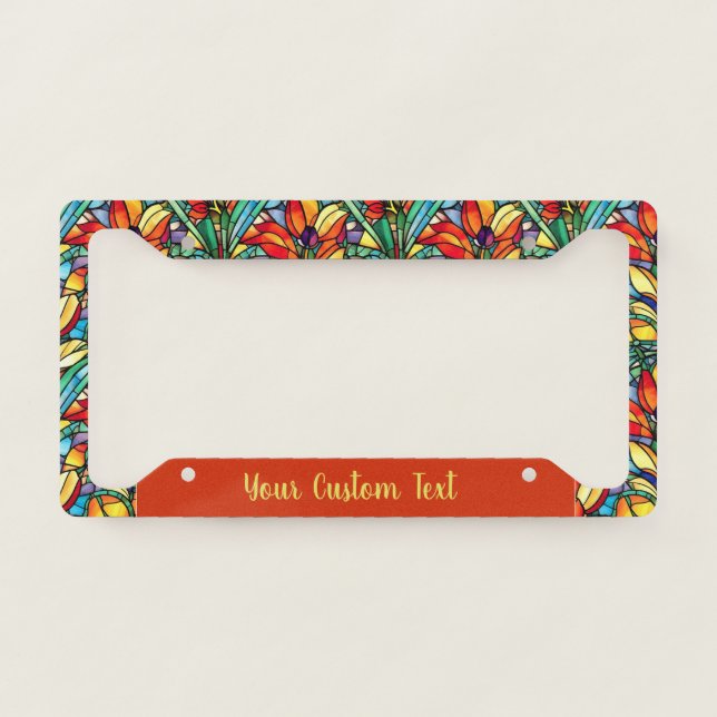 Beautiful Stained Glass Floral Design Personalized License Plate Frame (Front)