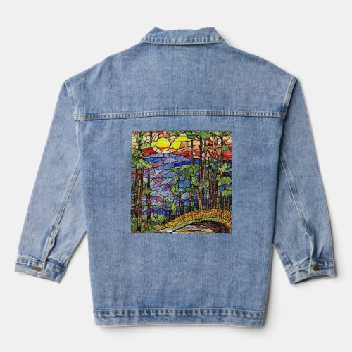 Beautiful Stained Glass Forest at Sunset Denim Jacket