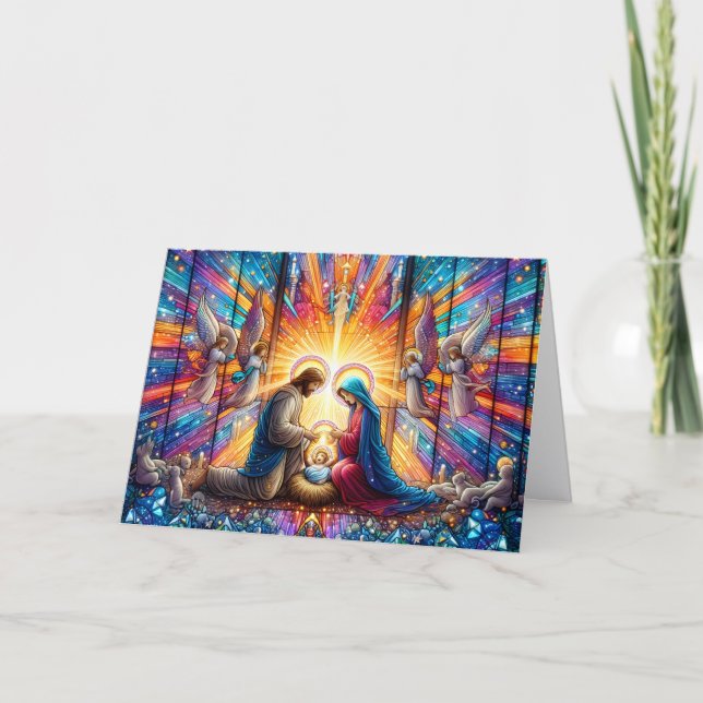 Beautiful Stained Glass Nativity Scene Christmas Holiday Card (Front)