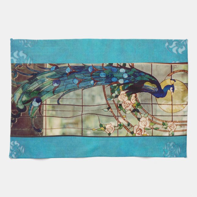 Beautiful Stained Glass Peacock Kitchen Towel (Horizontal)