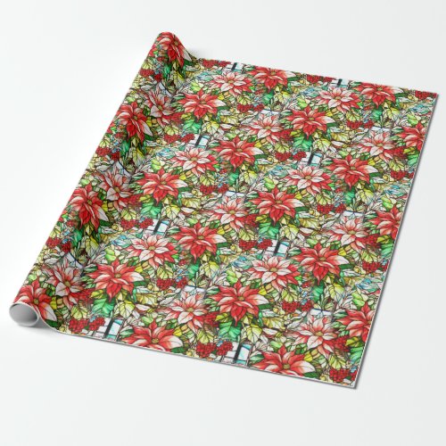 Beautiful Stained Glass Red Flowers Pattern Wrapping Paper