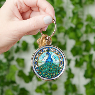 Beautiful Stained Glass Style Peacock Keychain