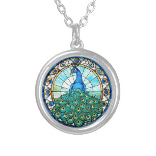 Beautiful Stained Glass Style Peacock Silver Plated Necklace