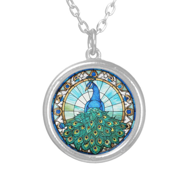 Beautiful Stained Glass Style Peacock Silver Plated Necklace (Front)