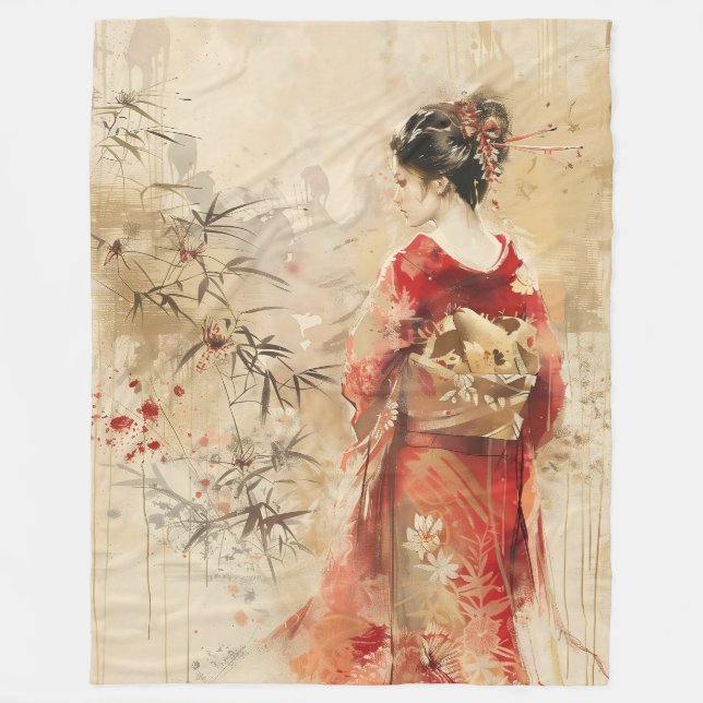 Beautiful Standing Geisha Fleece Blanket (Front)