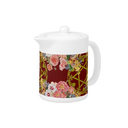 Beautiful Star Of David With Flowers On Maroon Teapot