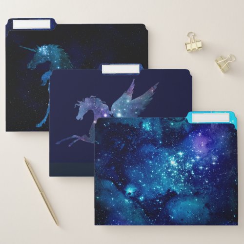 Beautiful starry galaxy Horses blue teal File Folder
