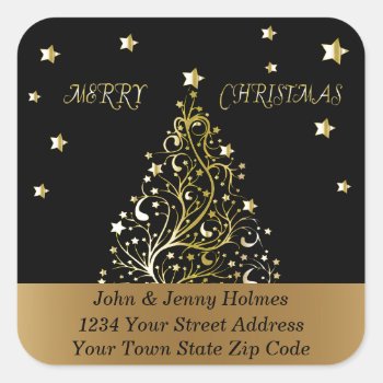 Beautiful Starry Metallic Gold Christmas Tree Square Sticker by storechichi at Zazzle