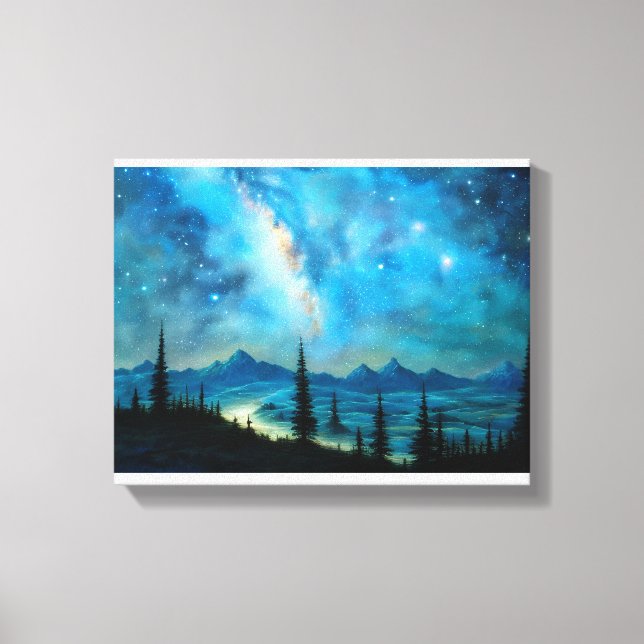 Beautiful Starry Night Surreal Mountain Landscape Canvas Print (Front)