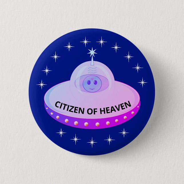 Beautiful stars, flying saucer & alien cartoon button (Front)